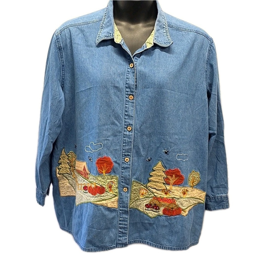 Vintage Bobbie Brooks Denim Button Front Shirt Embroidered Fall Scene Plus 26W
